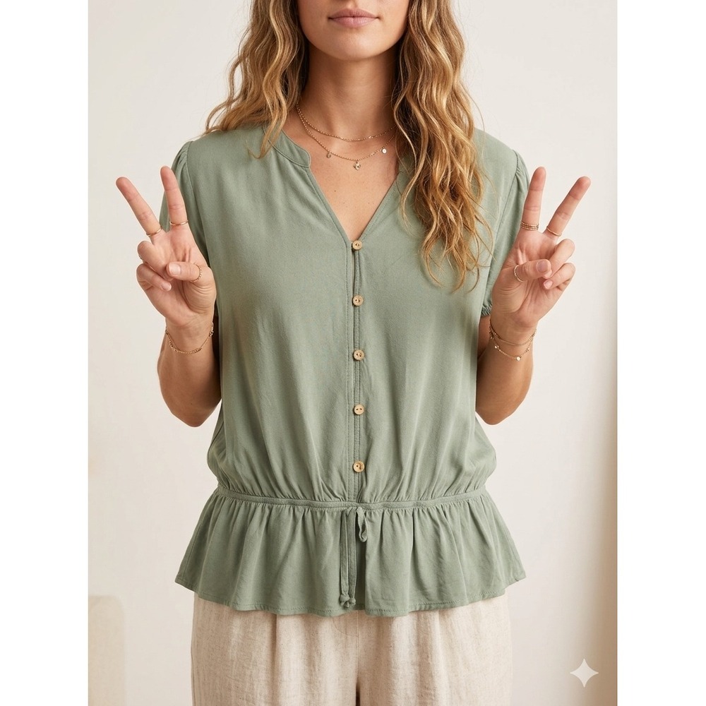 Fortune + Ivy Sage Green Peplum Button Front Blouse Puff Sleeve XL